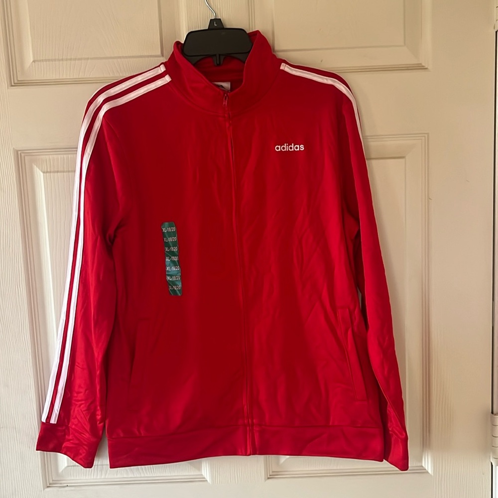 Adidas track jacket zipper up red with white stripes size: Boys XL(18/20)